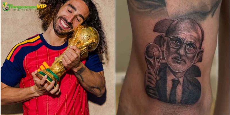 Marc Cucurella khoe hình xăm Luis de la Fuente nâng cúp World Cup trên cánh tay trái